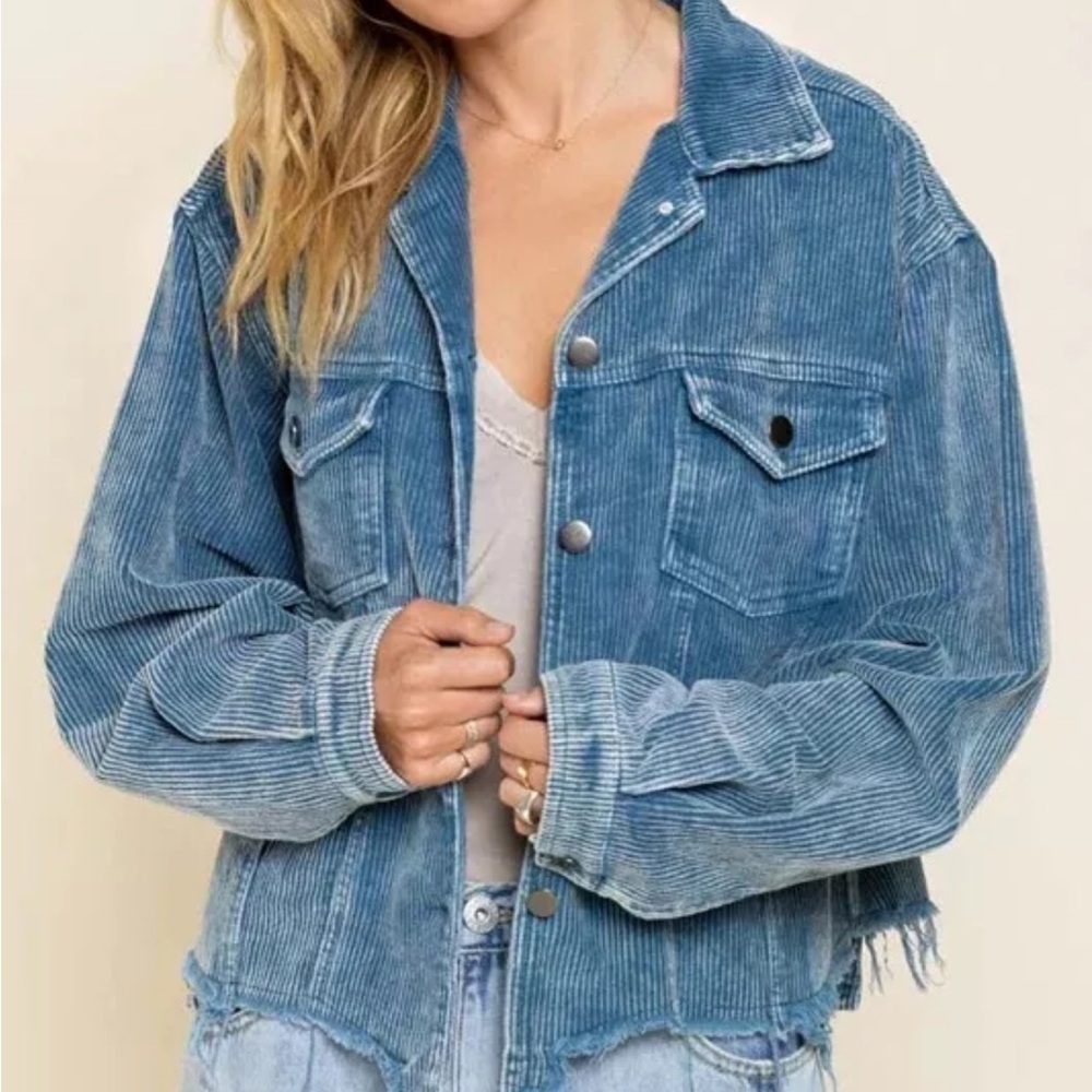 POL Corduroy Sea Blue Distressed Boxy Fit Raw Hem Long Sleeve Button Up Jacket